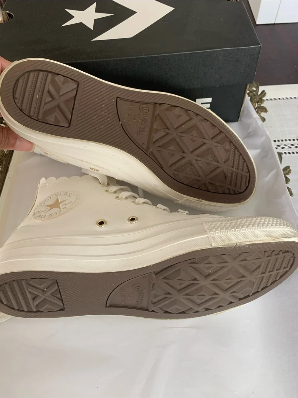 Converse Cream/Off-White High-Top Sneakers with Scalloped Trim